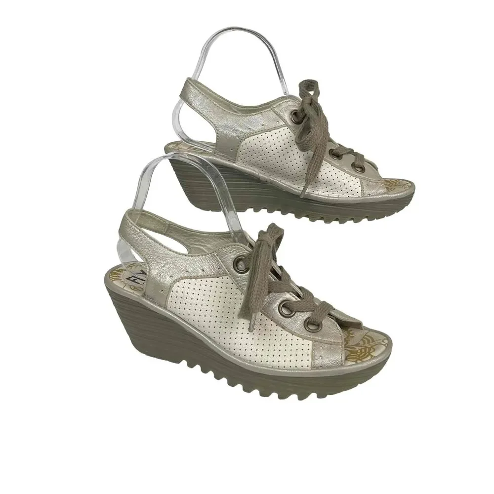 Fly London Womens White Silver Perforated Leather‎ Yuta Wedge Sandals Size 39